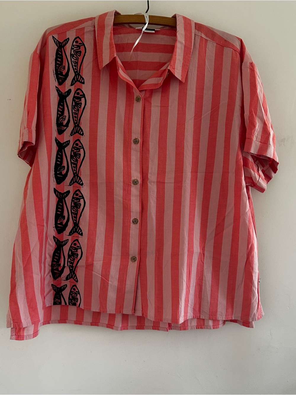 Eddie Bauer Pink White Striped Button-Down Shirt with Fish Print